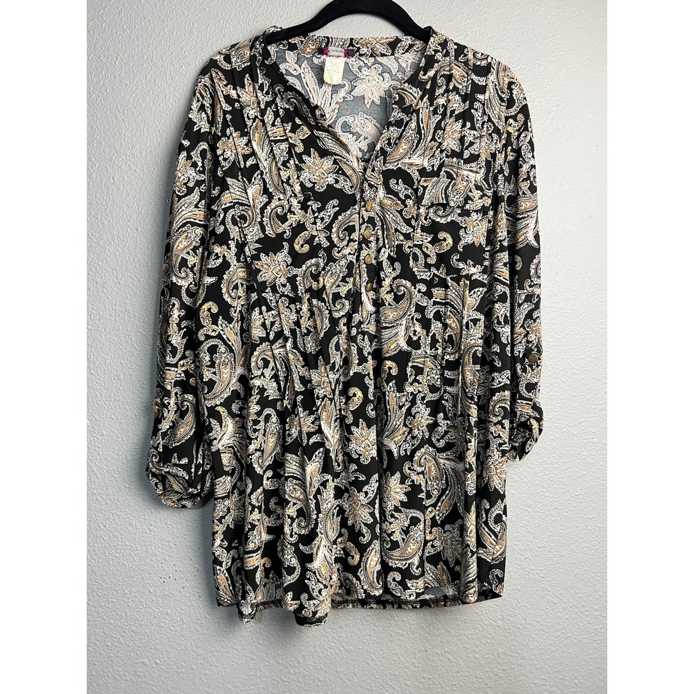 Cocomo Womens XL Paisley Blouse Black Tan White Roll Tab Sleeve Henley Top